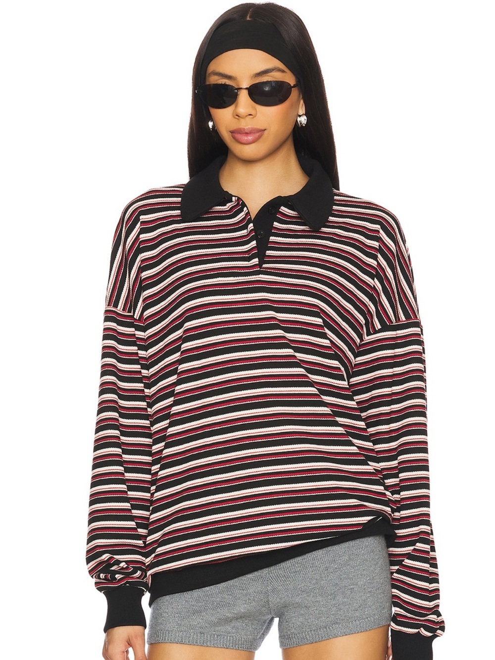 Lioness Black & Pink Striped Polo Sweater